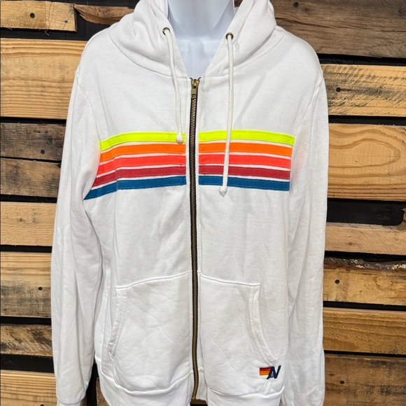 Aviator Nation 5 Stripe Relaxed Zip Hoodie Unisex L White Neon Rainbow 70s Sport - Picture 4 of 8